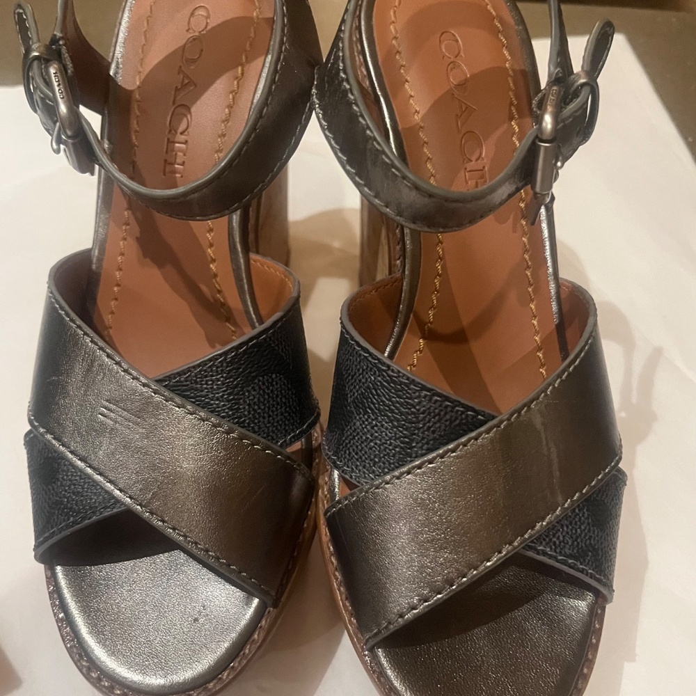 Coach Cross Band High Wedge Sandal Charcoal Gunmetal Size 6.5 - Picture 12 of 12